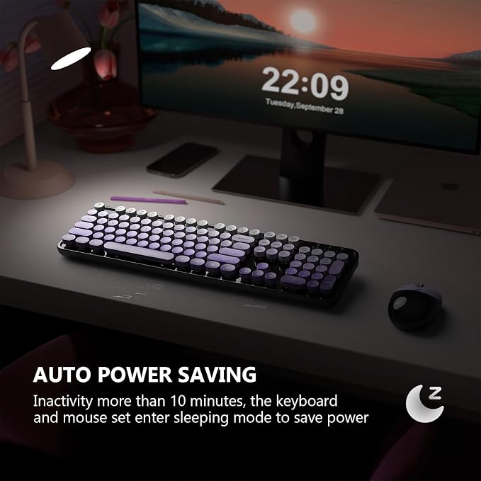 MOFII Wireless Keyboard and Mouse Combo, 2.4 GHz Full-Size Retro Round Keyboard and Mouse, Plug and Play, 8 Multimedia & Shortcut Keys for Mac, Windows, Laptop/Desktop/PC - Black Purple Gradient