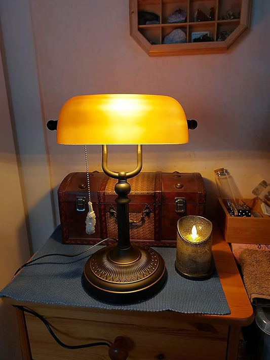 Matted Orange Glass Bankers Desk Lamp with Pull Chain Switch Plug in Fixture | Pull Chain Switch Plug in Fixture