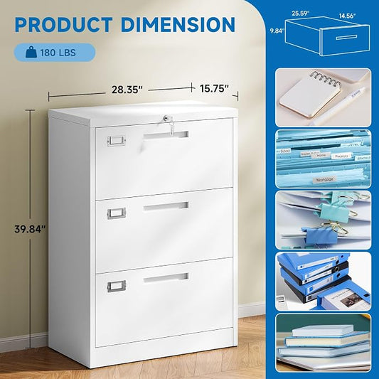 BYNSOE Lateral File Cabinet 3 Drawer,Metal Storage File Cabinet with Lock,Steel Lateral File Cabinet for Legal/Letter A4 Size,Wide File Cabinet for Office Home,Assembly Required