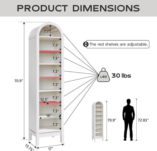 IFGET 71" Tall Arched Bookshelf, 8 Tiers Arch Bookcase with Storage, Modern Farmhouse Book Shelf with Adjustable Shelves, Wood Bookshelf w/Open Display Shelves for Living Room, Office (Antique White)