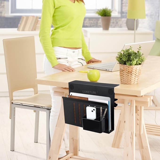 LUKETURE Desk Side Storage, Steel Side Desk Organizer, No Drill Laptop Holder, Clamp on Laptop Mount with Pen Holder, Table Hanging Storage for Home Office, Fits Flat Edge Tables 0.3" to 2.8" | Steel Side Desk Organizer, Clamp on Laptop Mount with Pen ...