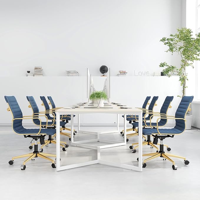 COROCC Office Desk Chair Modern Conference Room Task Chairs Leather Computer Swivel Excutive Ribbed Ergonomic Rolling Gold Desk Chair for Home Office