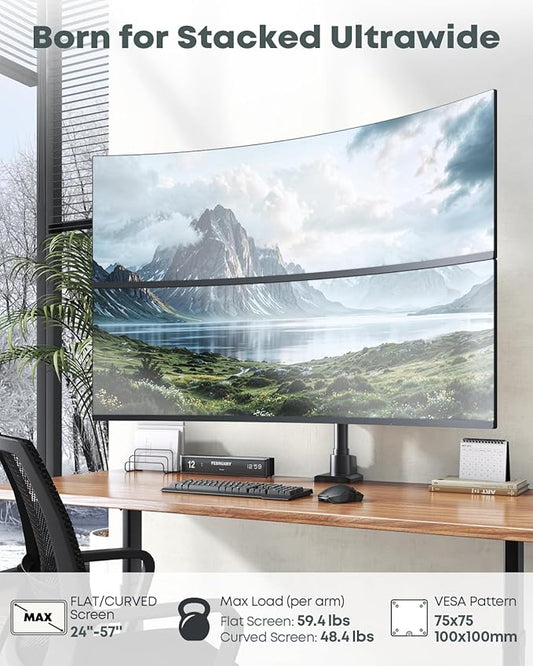 Dual Monitor-Arm Ultrawide Heavy Duty - 24-57 inch Vertical Dual Monitor Mount, Adjustable Stacked Double Monitor Desk Mount Stand, Max Load 59.4 lbs (per Arm), VESA 75/100 mm, Black