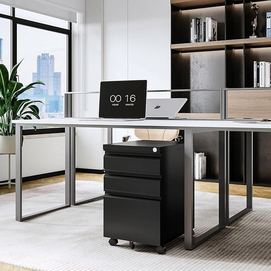 Letaya 3 Drawer Mobile File Cabinet with Lock, Under Desk Metal Rolling Filing Cabinets for Home Office Organizer Letters/Legal/A4 (Black- Requires Installation) (Black)