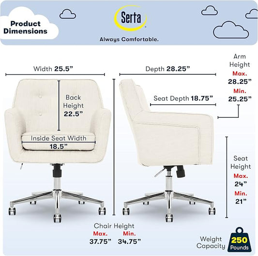 Serta Ashland Home Office Desk Chair with Button Tufted Mid-Back, Memory Foam Cushion and Padded Arms, Mid Century Modern Vanity Armchair with Wheels for Bedroom, Chrome Metal Base, Ivory