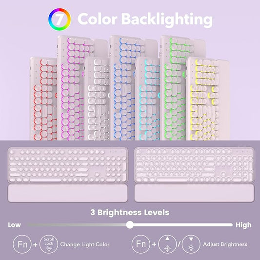 Wireless Keyboard and Mouse Combo, Backlit Round Keycaps, Retro Typewriter Keyboard with Magnetic Wrist Rest, USB-C Rechargeable & Tilt Legs, 2.4GHz Cordless for Mac Windows PC (Glowing Pastel Purple)