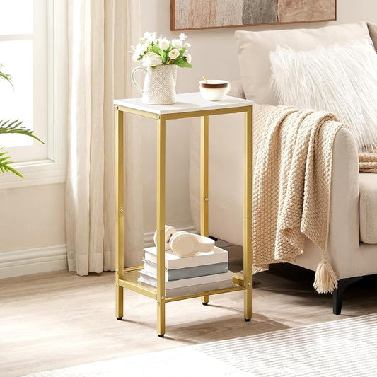 HOOBRO Tall Side Table, Industrial End Telephone Table with Adjustable Mesh Shelves, Small Tall Nightstand for Living Room, Bedroom, Entryway, Office, White and Gold DW03DH01