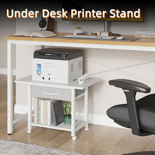 YAOHUOO 22"x15" Large Printer Stand with Drawer, 2-Tier Rolling Table Cart | Under Desk Printer Table,Storage Fabric Drawer,Fit printer/fax/3d/scanner,4 Lock Wheels or Feet,For Home Office Dorms,White