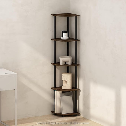 Furinno TURN-N-TUBE Corner Shelf, 5-Tier Corner Bookshelf, Open Storage Shelves, for Organization and Storage, Living Room, Home Office, Garage, Bedroom, Columbia Walnut