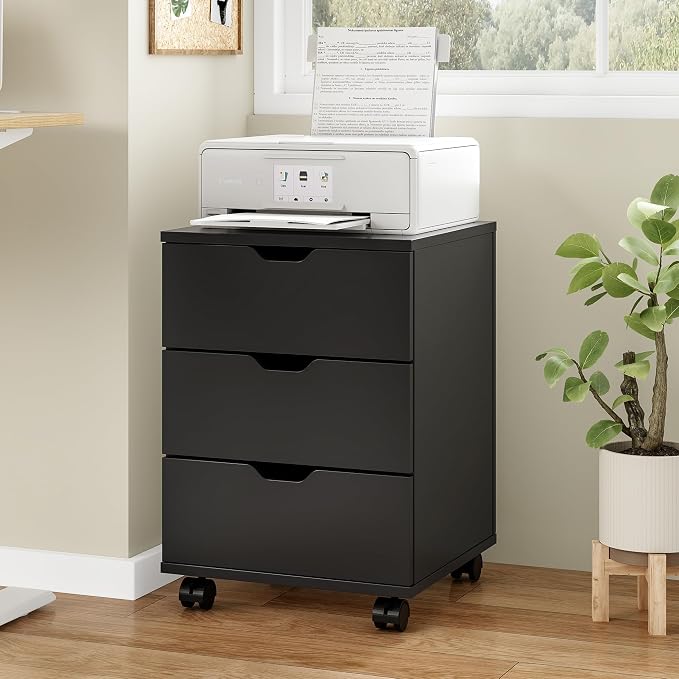 Farini 3-Drawer Under Desk Wooden File Storage Cabinet with Lockable Caster for Home Office,Black,Fully Assembly