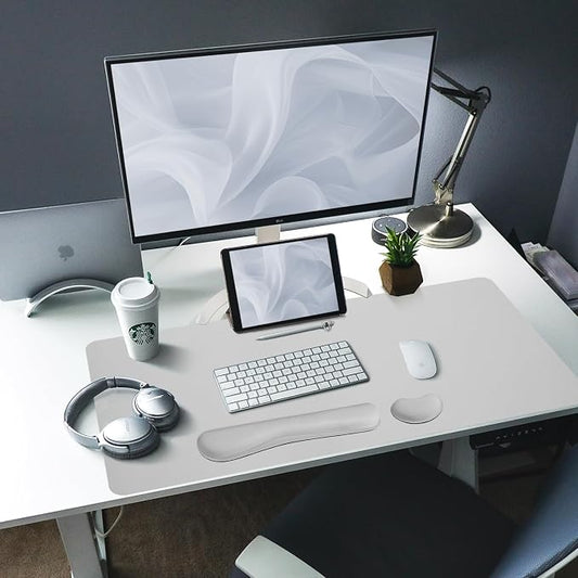 Bloss Leather Desk Pad and Keyboard Wrist Rest, Large Mouse Pad + Keyboard Pad+Mouse Wrist Support, Non-Slip Desk Mat Protector for Office, Home(35.4×15.7 Inches, Light Grey)