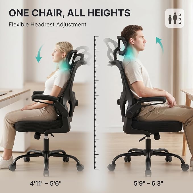 Ergonomic Mesh Office Chair,330LB Capacity High Back Desk Chair with Adjustable Lumbar Support, Adjustable Headrest & Flip-Up Arms,Breathable Computer Chair for Home Office,Work & Study,2pcs