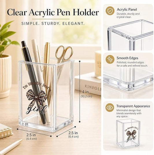 I'm Literally Just a Girl Acrylic Pen Holder - Leopard Bow Office Desk Accessories, Cheetah Print Cosmetic Makeup Brush Organizer, Funny Girly Room Decor for Home, Aesthetic Stationery Cup