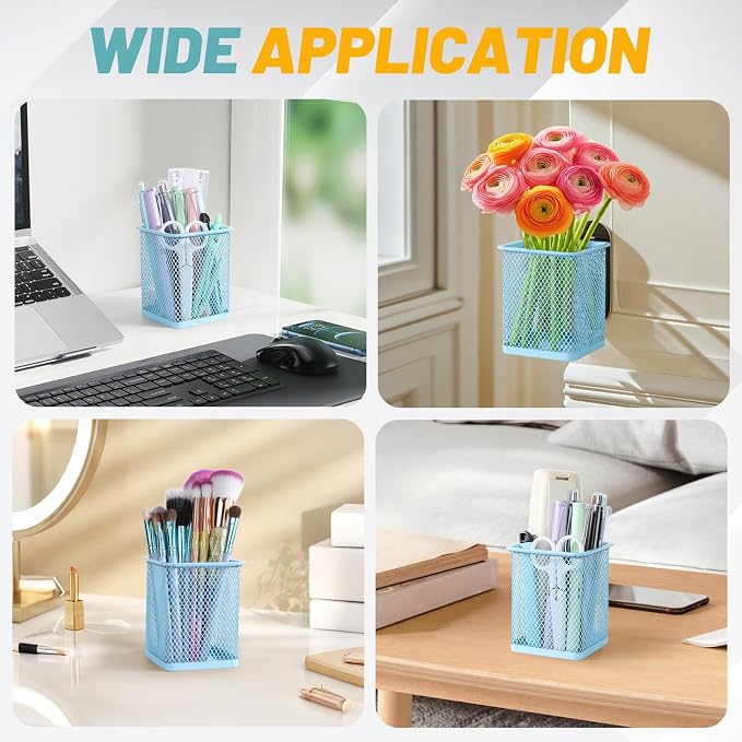 Segarty Pen Holder for Desk, 3 Pack Square Light Blue Pencil Holder, Wire Mesh Pen Cup Container Set Desktop Organizer for Office Supplies, School Students, Home Storage, Brush Organization