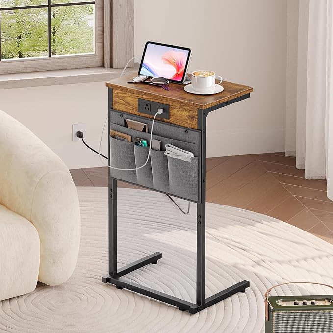 HOOBRO C Shaped End Tables with Charging Station, Set of 2, 28" H Couch Side Tables Slide Under, Sofa Arm Tray Tables with Storage Bag for Living Room, Recliner, Rustic Brown BF70USFP201