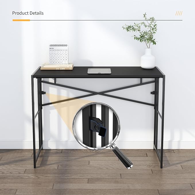Lutown-Teen Narrow Folding Computer Desk 35 inch, Writing Gaming Computer Desk for Small Spaces, No Assembly Required Small Office Table, Black