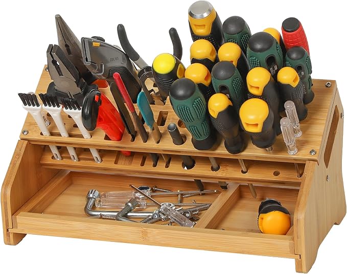 Bamboo Screwdriver Organizer - Tool Storage Organizer Workbench Desktop Rack - Hand Piler Tools Storage Holder -Standard Size