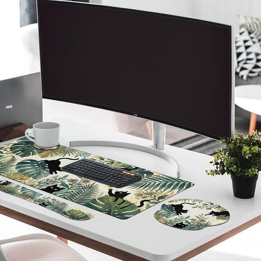 Britimes Green Tropical Plants Keyboard Mouse Pad Set Black Cats 4in1 Large Mousepad+Keyboard Wrist Rest+Mouse Wrist Rest+Coaster Ergonomic Design for Home Office Computer 35.4x15.7 inches