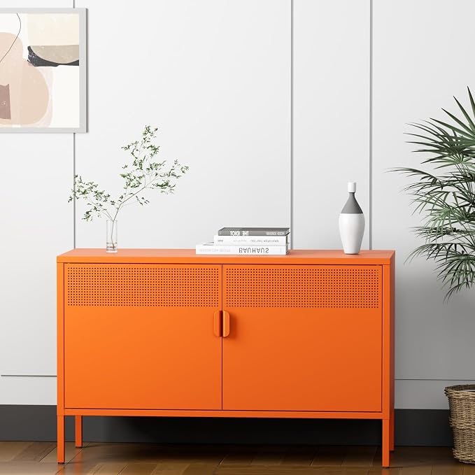 Chshin Metal Storage Cabinet with Doors,Orange Accent Cabinet,Metal Locker Storage Cabinets,2 Door TV Media Stand with Removable Shelves for,Home,Office,Entryway,Living Room