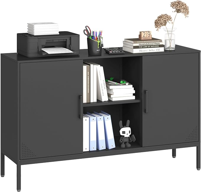Steehoom Metal TV Cabinet with Doors and Shelves, Modern Metal Storage Cabinet, Coffee Bar TV Stand for Office, Living Room, Kitchen, Diningroom (Black, 47.24" D x 13.78" W x 29.53" H)