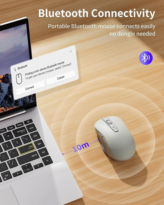 WL300 Bluetooth Mouse Silent Wireless Mice, Quiet Click, Cordless Computer Mouse with 6 Buttons, Sculpted Grip, Adjustable DPI for Laptop, PC, Mac, 18-Month Battery Life for Work Travel(Silver-Gray)