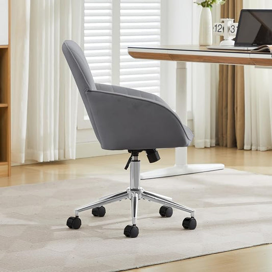 YITAI Velvet Office Desk Armchairs with Silver Base and Wheels,Modern Height Adjustable 360 Degree Swivel Upholstered Vanity Chairs for Living/Room Bedroom/Study,Gray