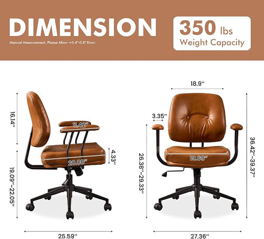 Leather Home Office Chair, Mid Back Ergonomic Desk Chair with Lumbar Support, Mid Century Modern Deep Seat Swivel Rocking Computer Chair, Brown