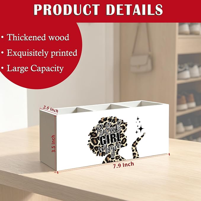 Black Girl Magic Leopard Print Makeup Brush Toothbrush Holder for African American Women, Black Women Empowerment Cheetah Print Wood Signs Pen Pencil Holder Organizer Desk Accessories
