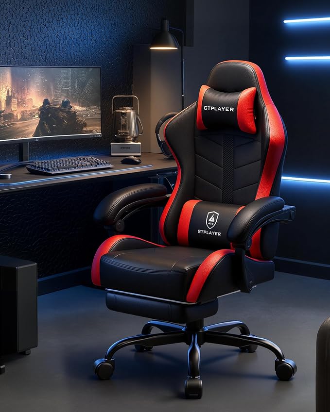 GTPLAYER Gaming Chair, Ergonomic Game Computer Chairs with Foot Rest for Adults, Adjustable PC Game Chair with Reclining Function and Comfortable Headrest for Home and Office Use (RED)