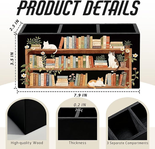 Cat Book Lover Pen Pencil Holder for Desk, Book Lover Reader Gifts, Cat Gifts for Women Men, Bookish Wooden Box Sign Decorations for Reading Corner Nook Room Classroom Desk Tabletop