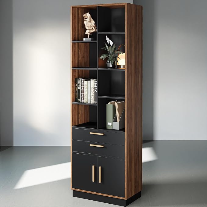 ModernMate Wood Bookcase with 2 Drawers and Doors, 8 Storage Cubes, 73.3" Tall Bookshelf, Modern Bookcases, Wooden Bookshelves for Home and Office, Living Room, Study, Black Walnut
