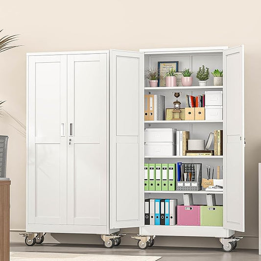 pozdeg 71" Metal Garage Storage Cabinets with Wheels, Lockable Rolling File Cabinets with 2 Doors and 4 Adjustable Shelves, Steel Tool Organizer Locker for Office Home Garage Gym School, White