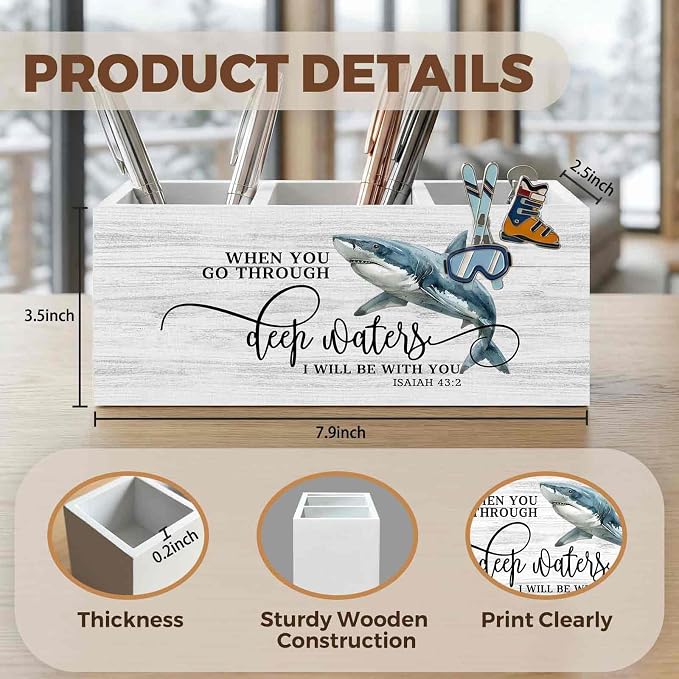 Christian Shark Pencil Pen Holder for Desk Organizer, Christian Gifts for Women Men, Coastal Beach Shark Bible Verse Wooden Box Decorations for Home Office Bedroom Desk Tabletop Decor