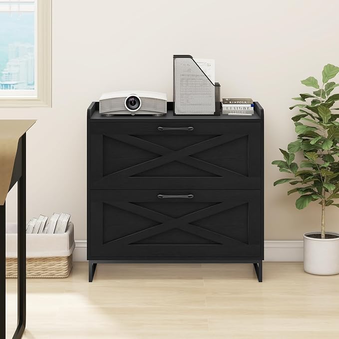 Halitaa Lateral File Cabinet with Charging Station, 2 Drawer File Cabinet for Letter/Legal/A4 Size Hanging Files, Large Wood File Storage Cabinets Printer Stand for Home Office, Black