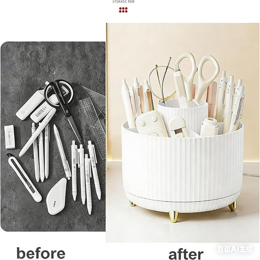 Pencil Pen Holder 5 Slots 360°Degree Rotating Pen Organizers for Desk Desktop Storage Stationery Supplies Cute Pencil Cup Pot Kids Desk Organizer for Office Home School(White 2
