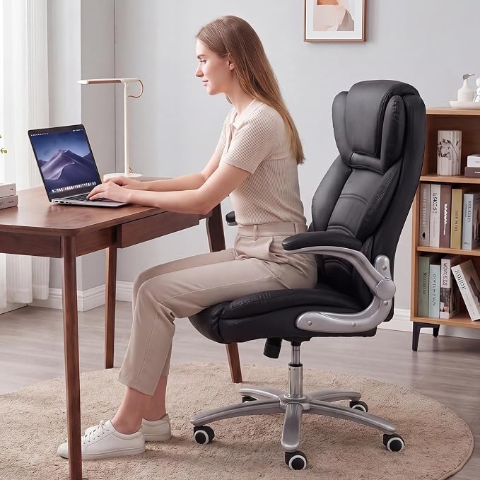GYI Big and Tall 400lb Office Chair, Leather Executive Desk Chair, Black | 24"Wide Seat, High Back, Space-Saving Flip-up Arms, Lumbar Support, Heavy Duty Base, Home, Conference Room