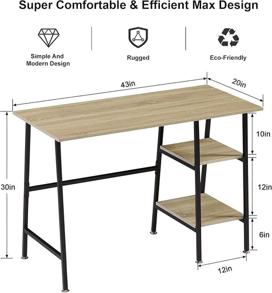 VECELO 43 Inch Computer Home Office Desk, Modern Simple Writing Desk with Storage for Bedroom, Simple Table Modern Student Study Desk,Water Proof, Oak+Black Leg