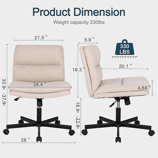 Okeysen Criss Cross Chair with Wheels, Armless Wide Seat Cross Legged Comfy Office Desk Chair, Height Adjustable Swivel Computer Task Chairs for Home, Office, Vanity, Beige