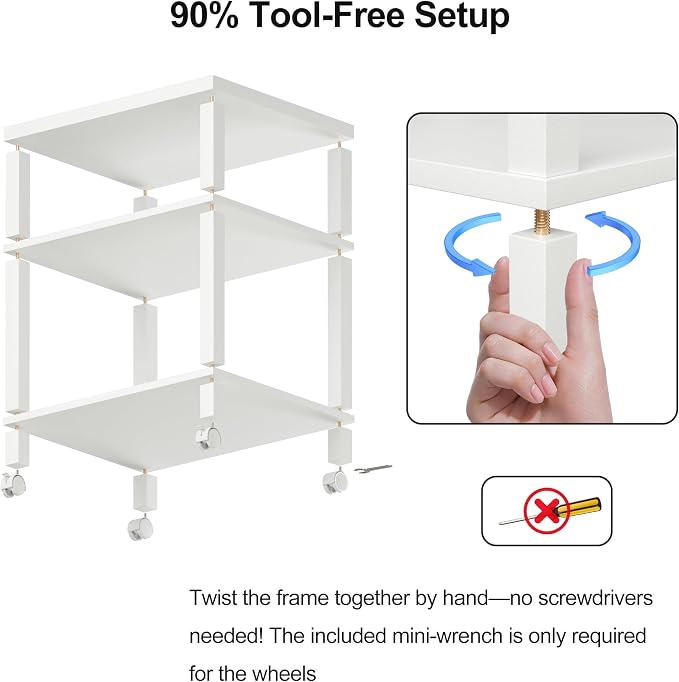 3-Tier Printer Stand with Wheels, Large Under Desk Rolling Cart for Office Storage, Heavy Duty Machine Stand with Adjustable Shelf, 22.04"x17.71"x26.54", White