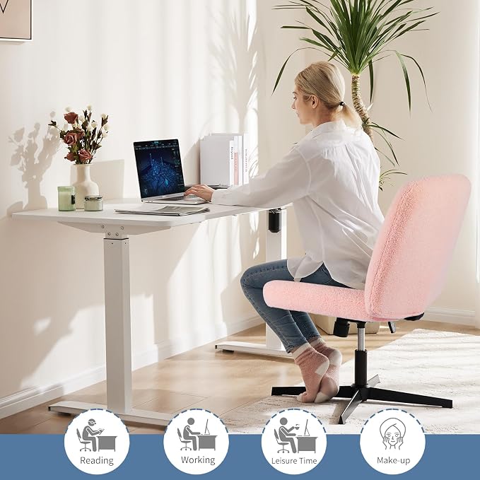 DUMOS Criss Cross Chair No Wheels, Cross Legged Office Desk Armless Vanity Chiar Wide Seat, Height Adjustable Swivel Computer Task Chairs for Home Bedroom, Pink Teddy