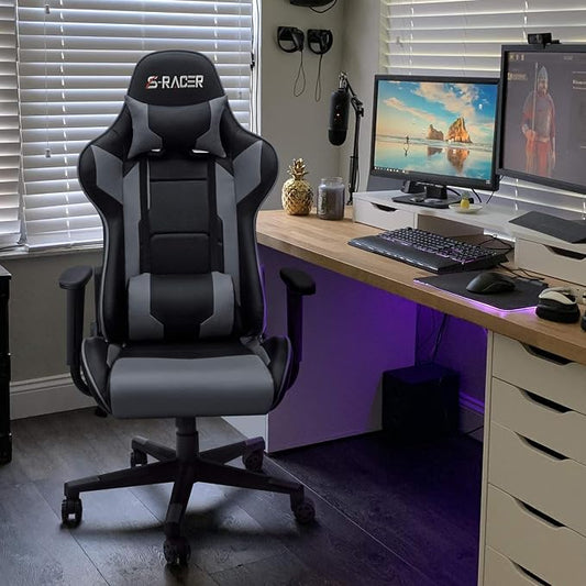 Homall Gaming Chair, Office Chair High Back Computer Chair Leather Desk Chair Racing Executive Ergonomic Adjustable Swivel Task Chair with Headrest and Lumbar Support (Grey)