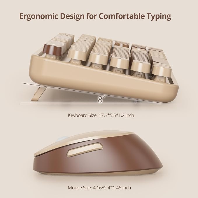 GTSP Retro Wireless Typewriter Keyboard and Mouse Combo, 2.4GHz Full-Size Cute Office Computer Keyboard with Round Keycaps for Desktop Laptop and PC (Colorful Brown)
