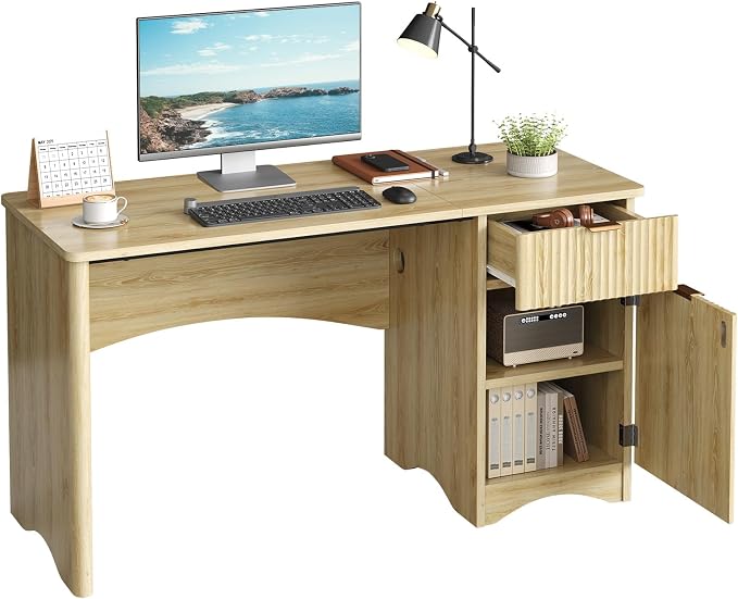 Bestier 47 inch Fluted Computer Desk with Drawer, Office Desk with File Cabinet, Modern Wood Desk with Storage Cabinet for Home Office Bedroom Study, Natural Oak