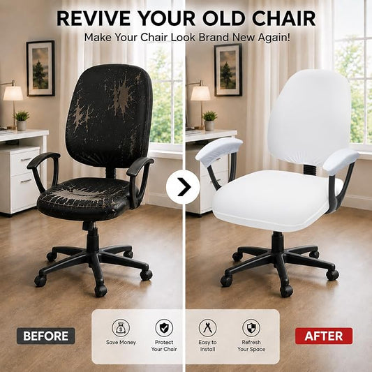 Stretchable Separate Office Chair Seat Covers with Armrest Covers - Universal Stretch Computer Chair Slipcover - Washable Rotating Backrest Coverings & Cushion Protectors for Dogs, Cats, Pets, White