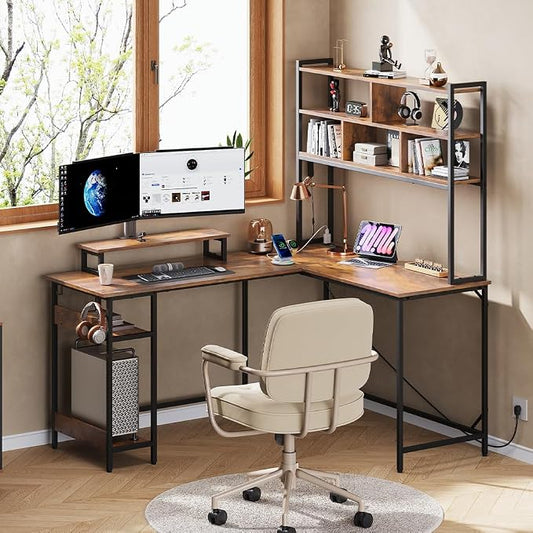 DEVAISE 60 Inch L Shaped Gaming Desk with Drawers and Storage, Corner Desk with LED Lights, Power Outlets, Computer Desk with Monitor Stand, Office Desk for Home, with Hutch, Rustic Brown