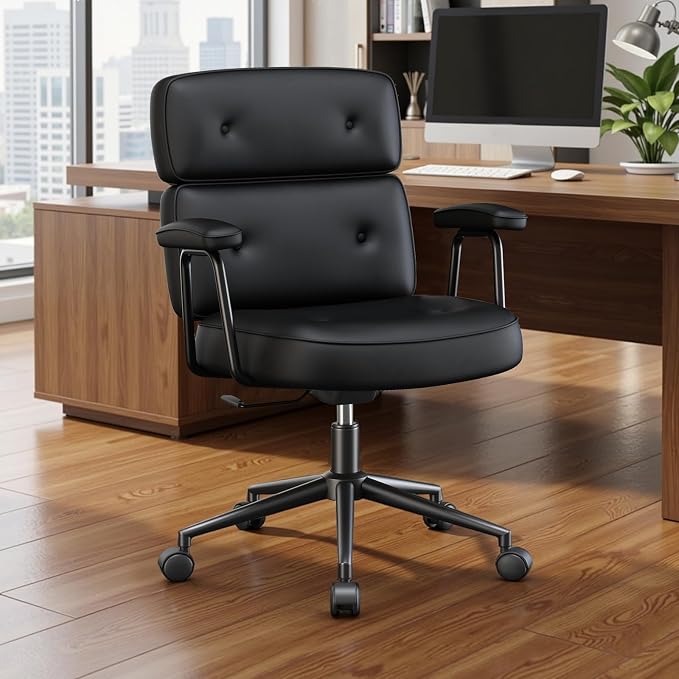 OLIXIS Ergonomic Home Office Desk Chair, PU Leather Computer Chair with Lumbar Support Adjustable Height Rolling Swivel Executive Task Armrests, Inky