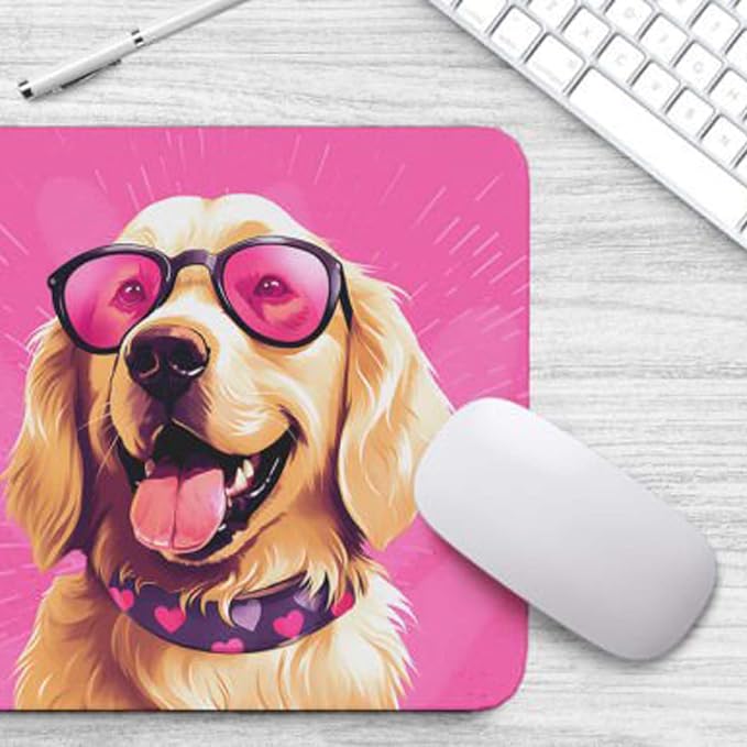 Pink Mousepad Glamour Dog Golden Retriever Mouse Pad for Home Office Gaming Working Desk Computer Desktop Accessories Non-Slip Rubber Mousepad for Dog Lovers