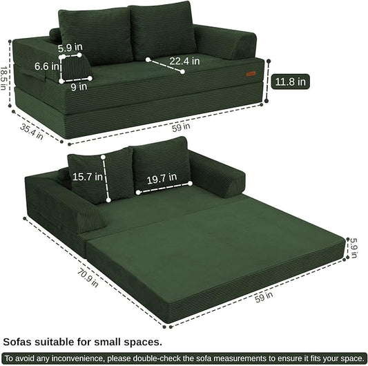 COMAX Futon Sofa Bed, Convertible Folding Sofa Bed, Boneless Couch Loveseat Corduroy with Pillows, Small Foldable Floor Couch Comfy Lounge Sleeper for Living Room Bedroom, Green