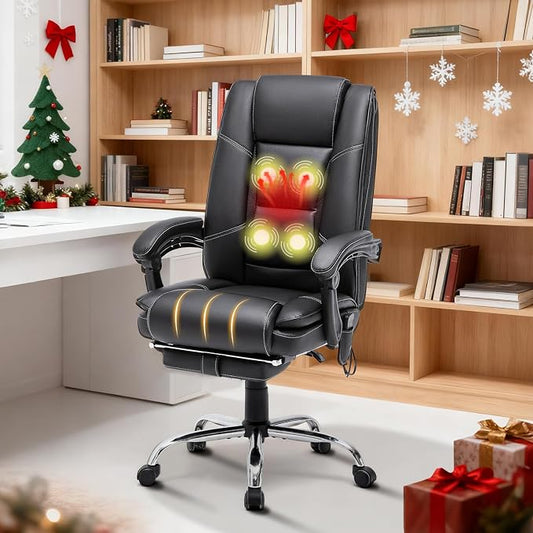 HOMREST 4-Point Massage Executive Office Chair with Footrest,Heated Reclining Chair with Lumbar Back Support,Ergonomic Desk Chair with Armrest, Computer Desk Chair for Home Office(Black)