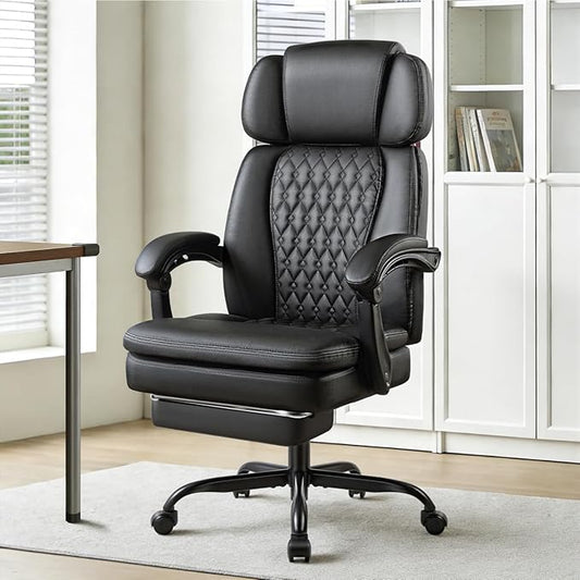 Office Chair with Foot Rest 400lbs, High Back Leather Office Chair Big and Tall, Heavy Duty Ergonomic Executive Desk Chair for Home Office, Black